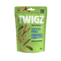 Green package of Twigz craft pretzels with dill pickle flavor on a white background
