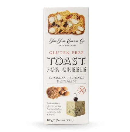 Box of gluten-free toast for cheese with ingredients listed on a white background