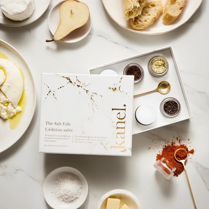 Fanel salt edition packaging on a table with food items