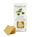 Packaging of gluten-free olive oil and sea salt crackers from The Fine Cheese Co.