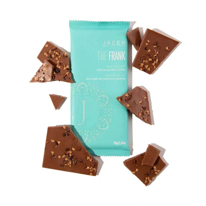 Jacek Chocolate The Frank chocolate bar, a candy and chocolate treat with a smooth, rich appearance and colorful packaging.