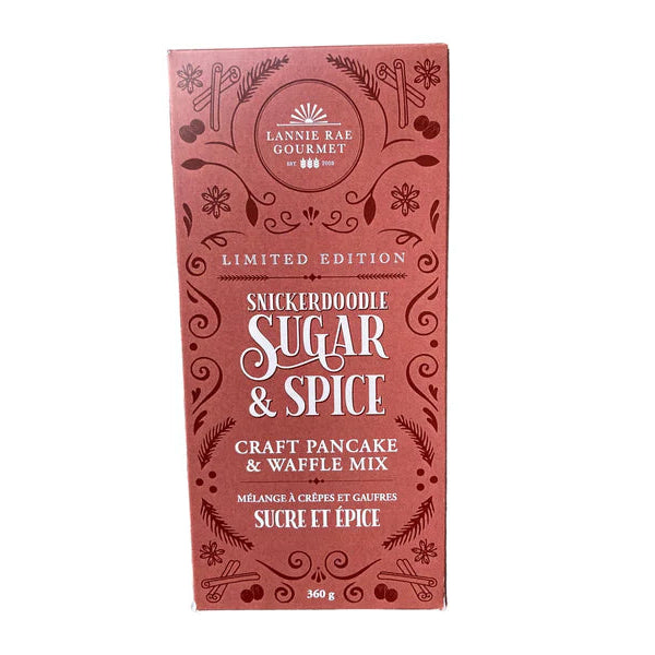 Pink packaging of Lennie Rae Gourmet Snickerdoodle Sugar & Spice pancake and waffle mix on a white background