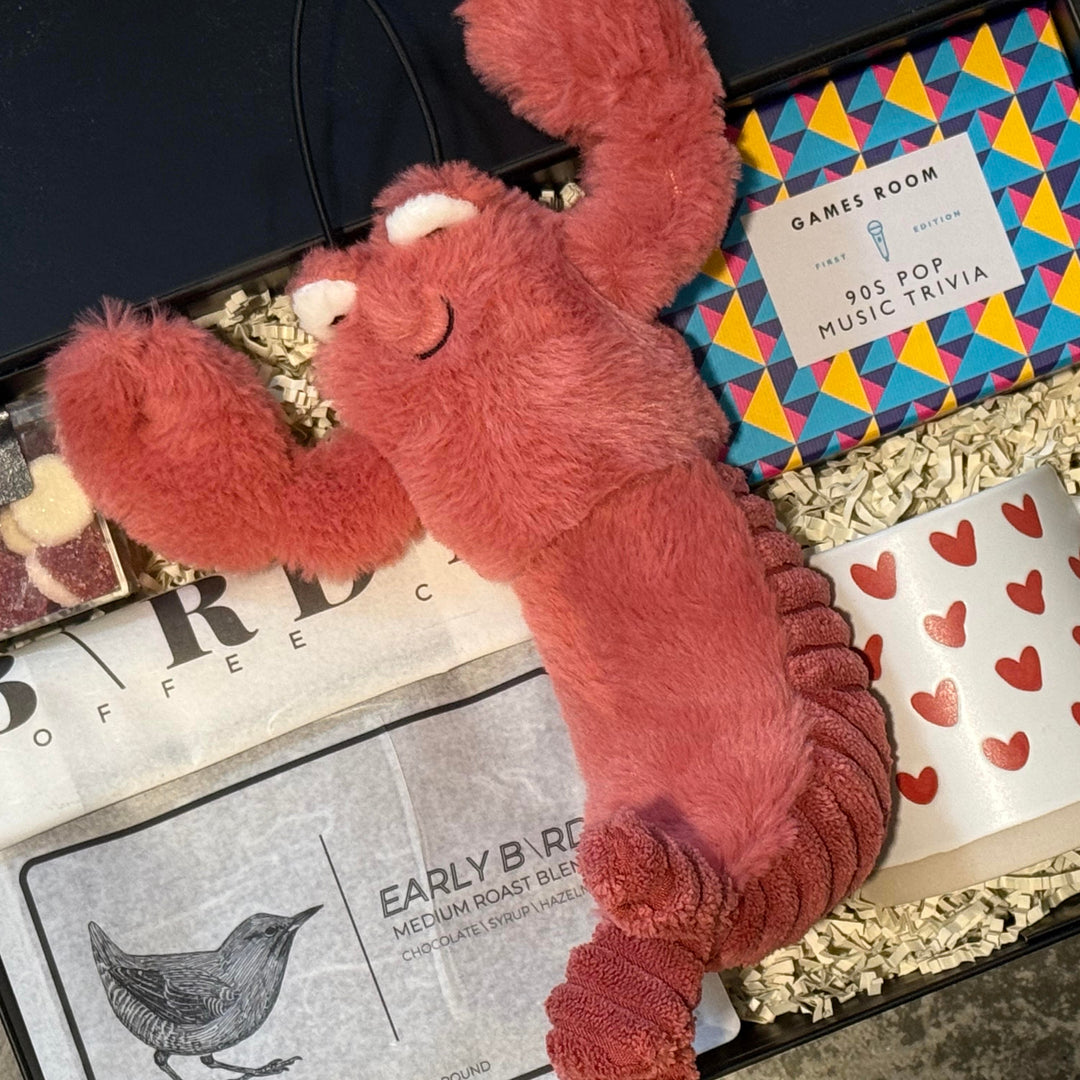 A curated gift box set containing a dusty pink plush toy, a white ceramic mug with red hearts, a Games Room card game box, and a bag of Early Bird Coffee Co. roasted beans, all arranged in a black tray with shredded paper filler.