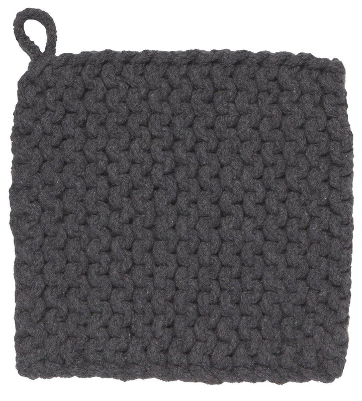 Dark gray textured pot holder with a loop on a white background
