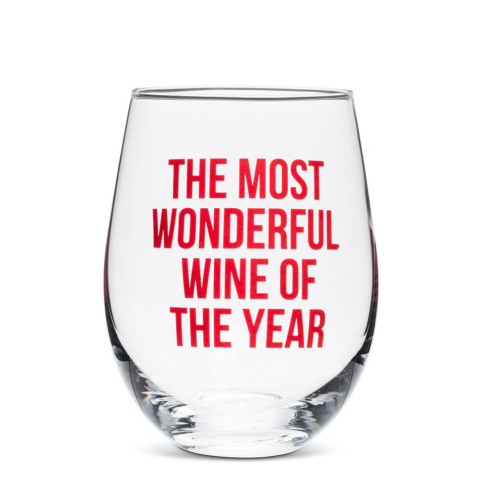 Let the good times pour this holiday with this charming “Wonderful Time” Stemless Goblet. Crafted out of glass, this elegant stemless goblet features “The Most Wonderful Wine of the Year” in festive red type for a playful twist on a seasonal saying to help you toast your favourite vintage in style.