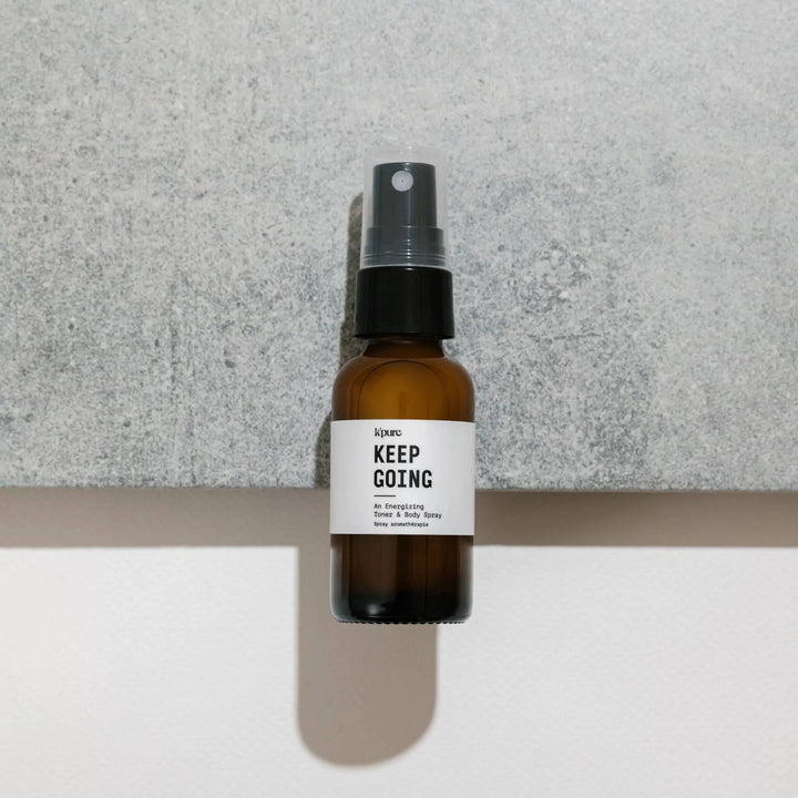 Keep Going is a refreshing blend of lemon, spearmint and other organic essential oils. Ideal for before, during and after workouts or when the 3pm slump hits.   Organic witch hazel and coconut oil make it the perfect hydrating facial toner, that can also be used as a body spray, room spray and gym bag spray.  
